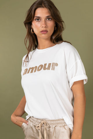 T-shirt délavé Amour glitter col rond