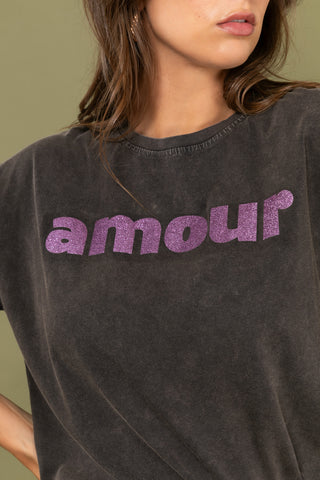 T-shirt délavé Amour glitter col rond