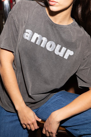 T-shirt délavé Amour glitter col rond
