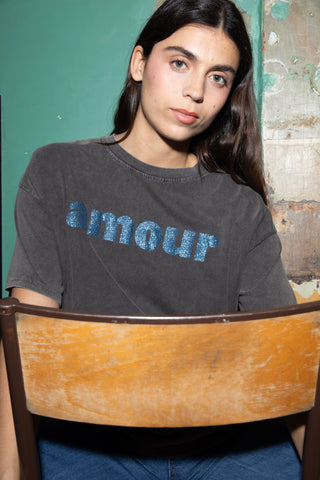 T-shirt délavé Amour glitter col rond