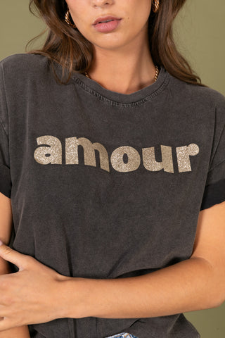 T-shirt délavé Amour glitter col rond