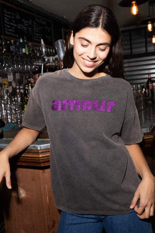 T-shirt délavé Amour glitter col rond