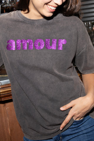 T-shirt délavé Amour glitter col rond