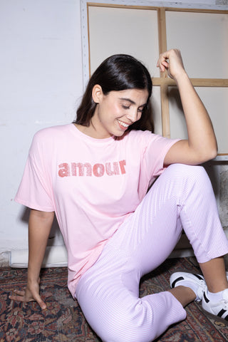 T-shirt délavé Amour glitter col rond
