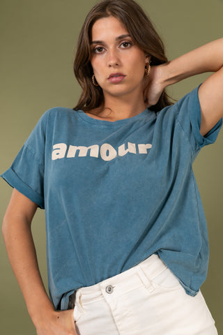 T-shirt délavé Amour col rond