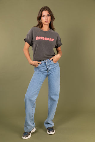 T-shirt délavé Amour col rond