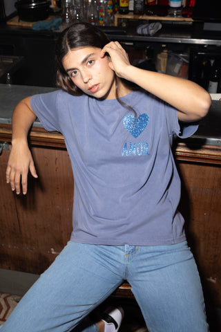 T-shirt délavé Amor Glitter col rond