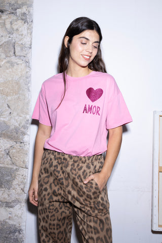 T-shirt délavé Amor Glitter col rond