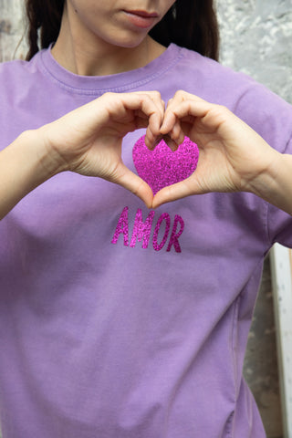 T-shirt délavé Amor Glitter col rond