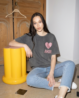 T-shirt délavé Amor Glitter col rond