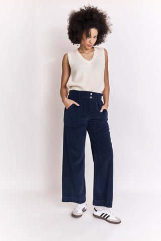 Pantalon wide leg en velours taille élastiquée