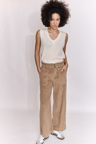 Pantalon wide leg en velours taille élastiquée