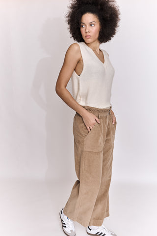 Pantalon wide leg en velours taille élastiquée