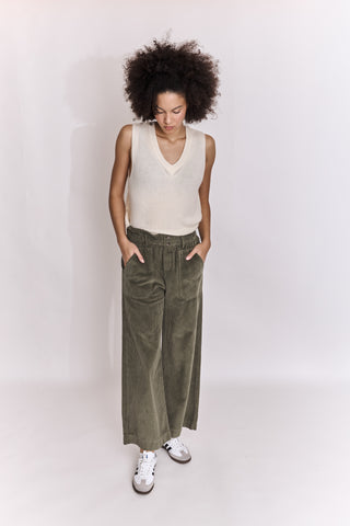 Pantalon wide leg en velours taille élastiquée