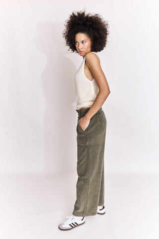 Pantalon wide leg en velours taille élastiquée