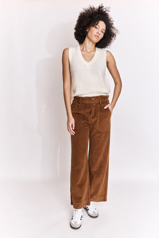 Pantalon wide leg en velours taille élastiquée
