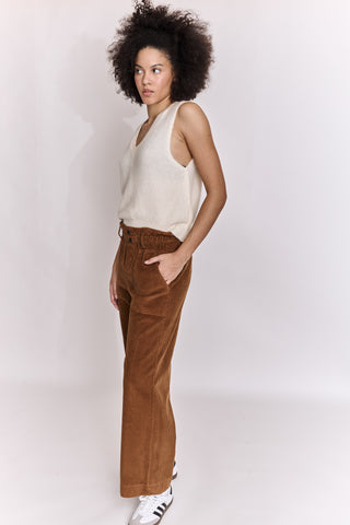 Pantalon wide leg en velours taille élastiquée