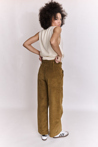 Pantalon wide leg en velours taille élastiquée