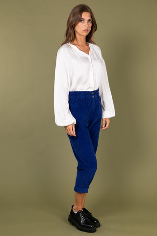 Pantalon carotte en velours taille élastiquée