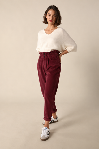 Pantalon carotte en velours taille élastiquée