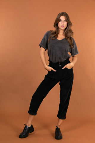 Pantalon carotte en velours taille élastiquée