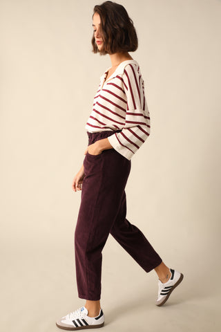 Pantalon carotte en velours taille élastiquée