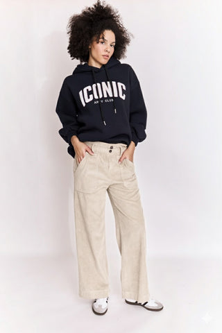 Pantalon wide leg en velours taille élastiquée