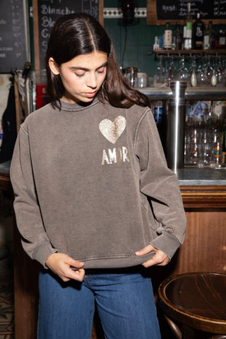 Sweatshirt délavé Amor glitter manches longues