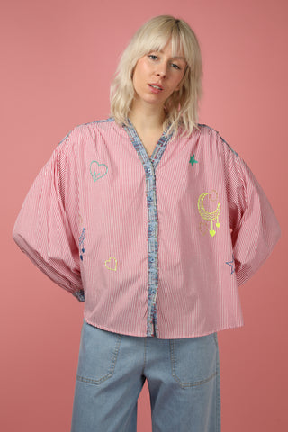 Chemise patchwork rayée brodée