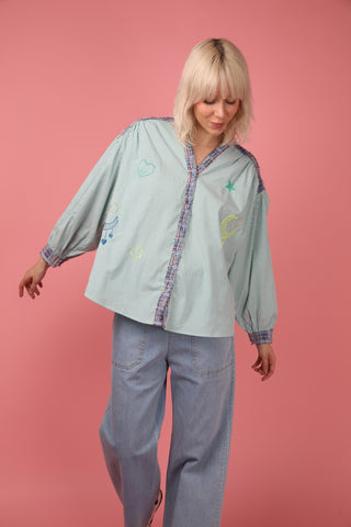 Chemise patchwork rayée brodée