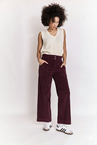 Pantalon wide leg en velours taille élastiquée